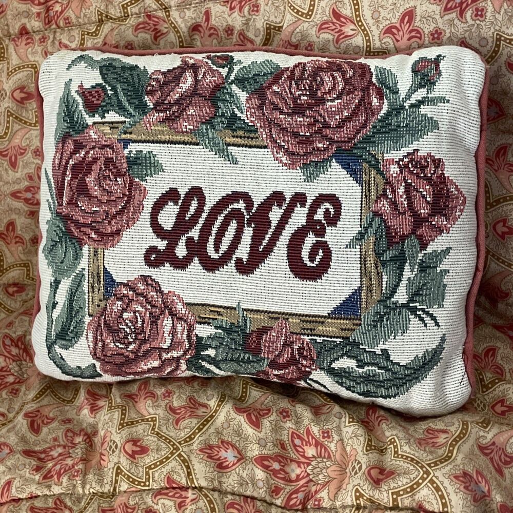 Cottage Core Floral VTG  Tapestry Pillow Love W/ Roses